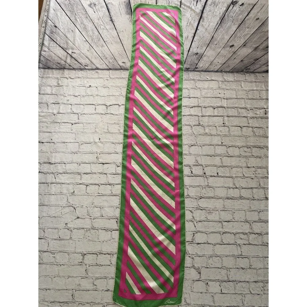 Burmel Vintage 1960's Pink Green Stripe Hand Rolled All Silk Scarf 13x68 Italy - Picture 15 of 16